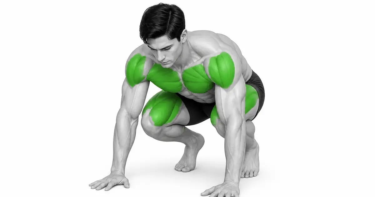 posizione di transizione del salto Burpee con entrambe le mani sul pavimento e i piedi in avanti