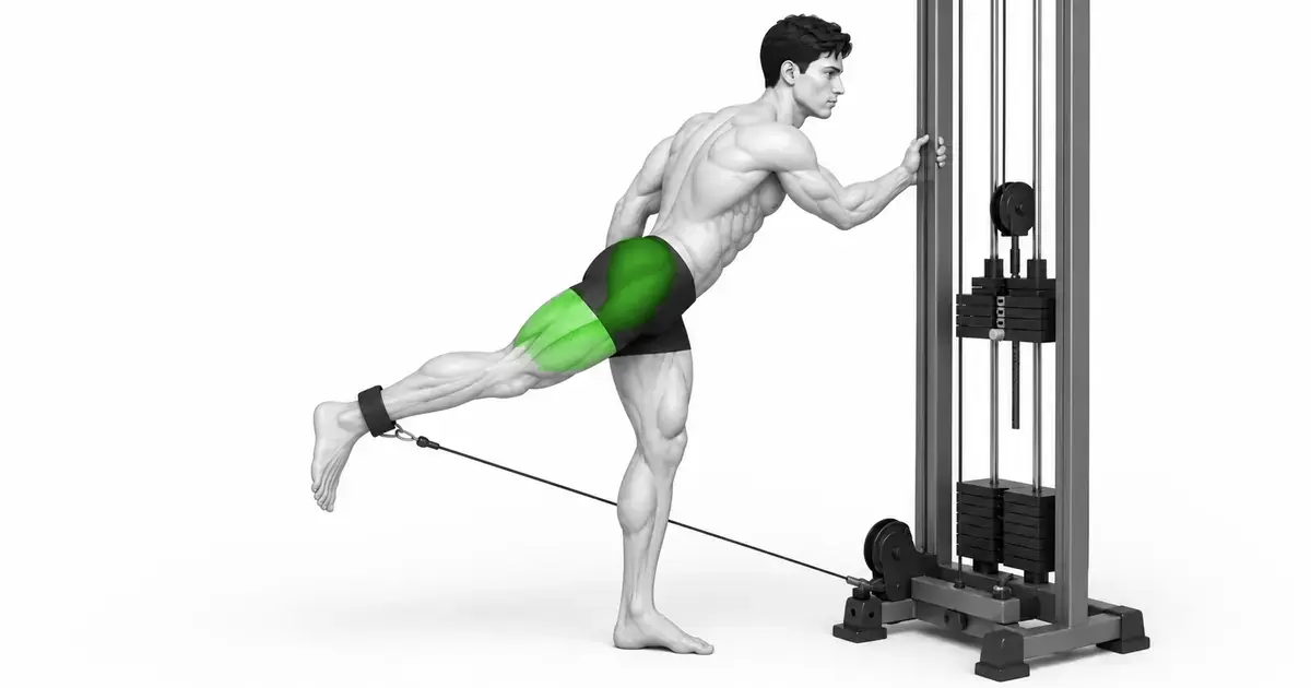 Glute kickback position na may ankle strap na nakakabit sa mababang cable at may hawak na poste.