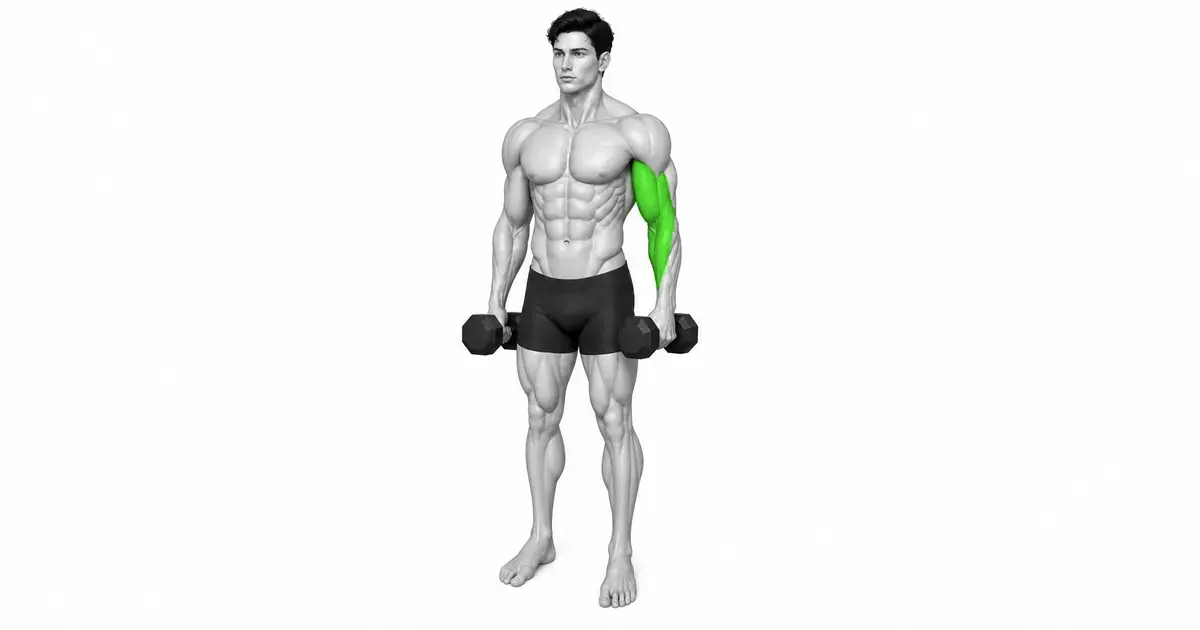 Cross body curl panimulang posisyon, may hawak na dumbbell sa bawat kamay na may neutral na grip at nakatayo sa tabi ng torso.