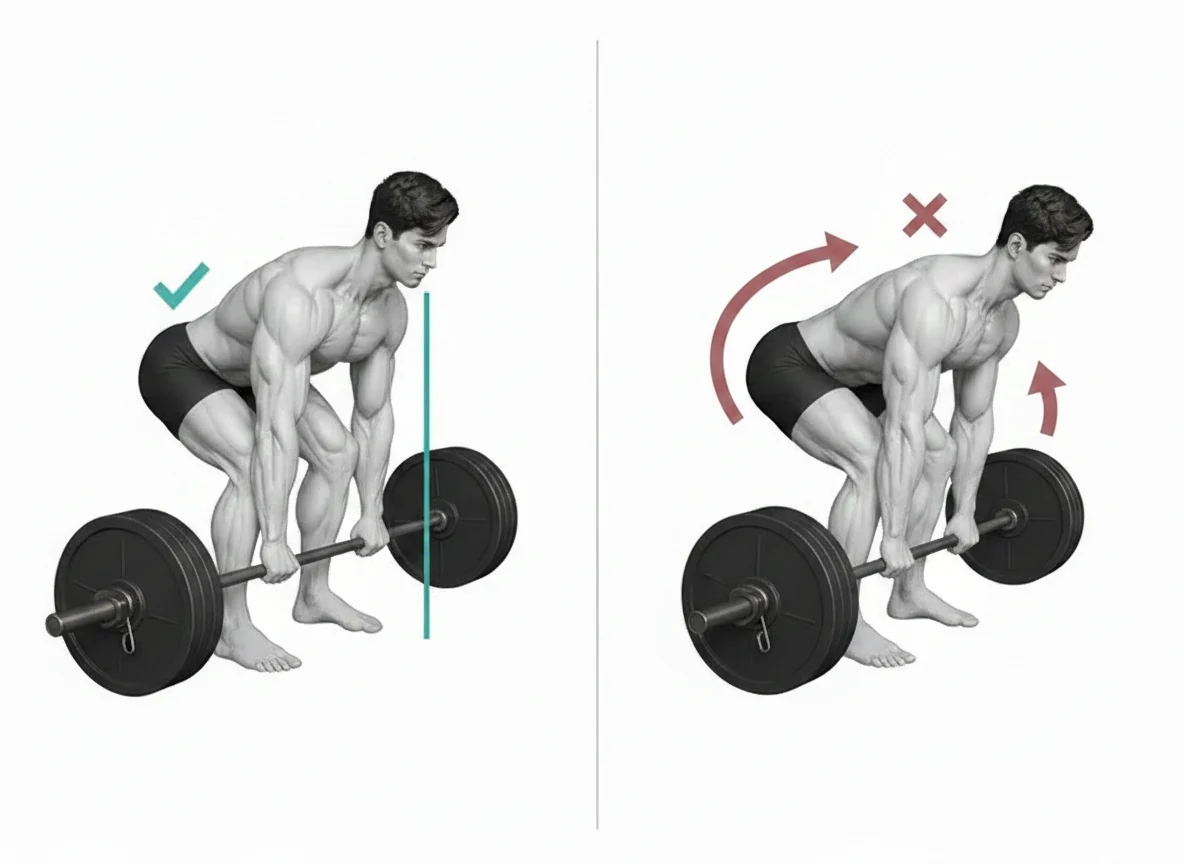 Confronto tra stacchi con il bilanciere vicino alle gambe e posture in cui il bilanciere si sposta in avanti e provoca la perdita di equilibrio