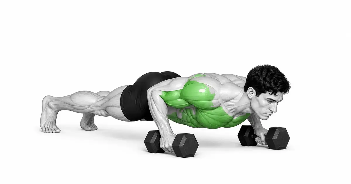 Devil press position sa ilalim ng pushup na may hawak na dalawang hex dumbbells