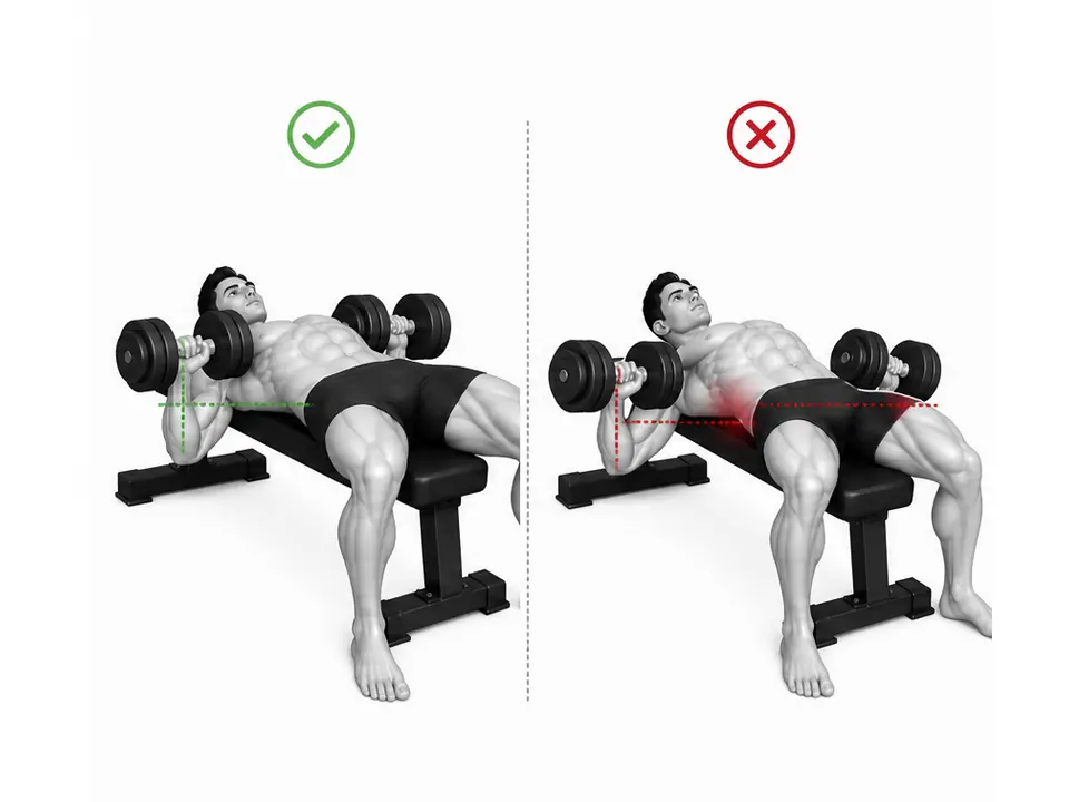 Rovná zápěstí a stabilní spodní pozice při bench pressu s činkami ve srovnání se složeným zápěstím a nadměrnou hloubkou loktů