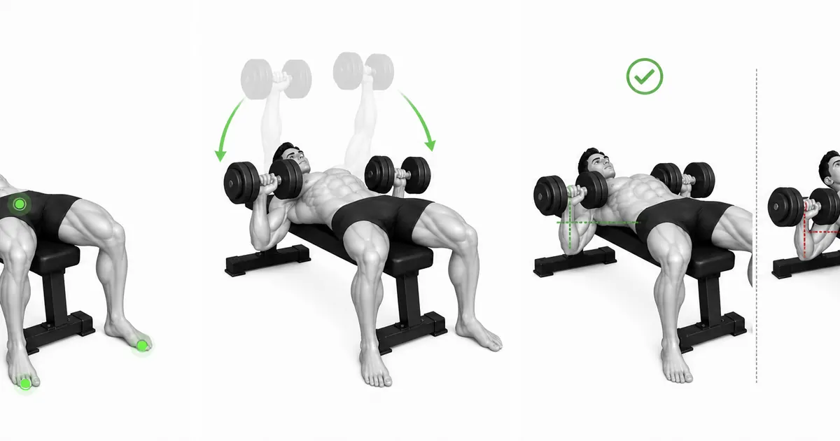 Bench press s činkami s kontaktními body na lavici a podlaze a vyrovnáním zápěstí pod činkami označenými zeleně
