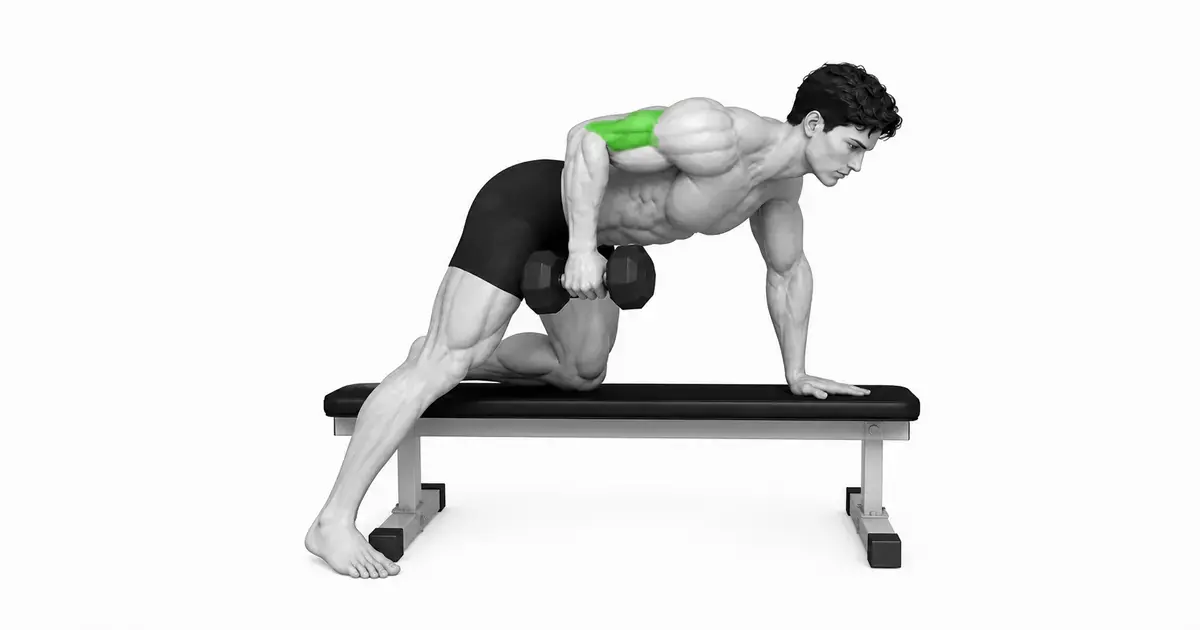 Paghahanda para sa isang dumbbell kickback gamit ang isang kamay at tuhod sa bangko