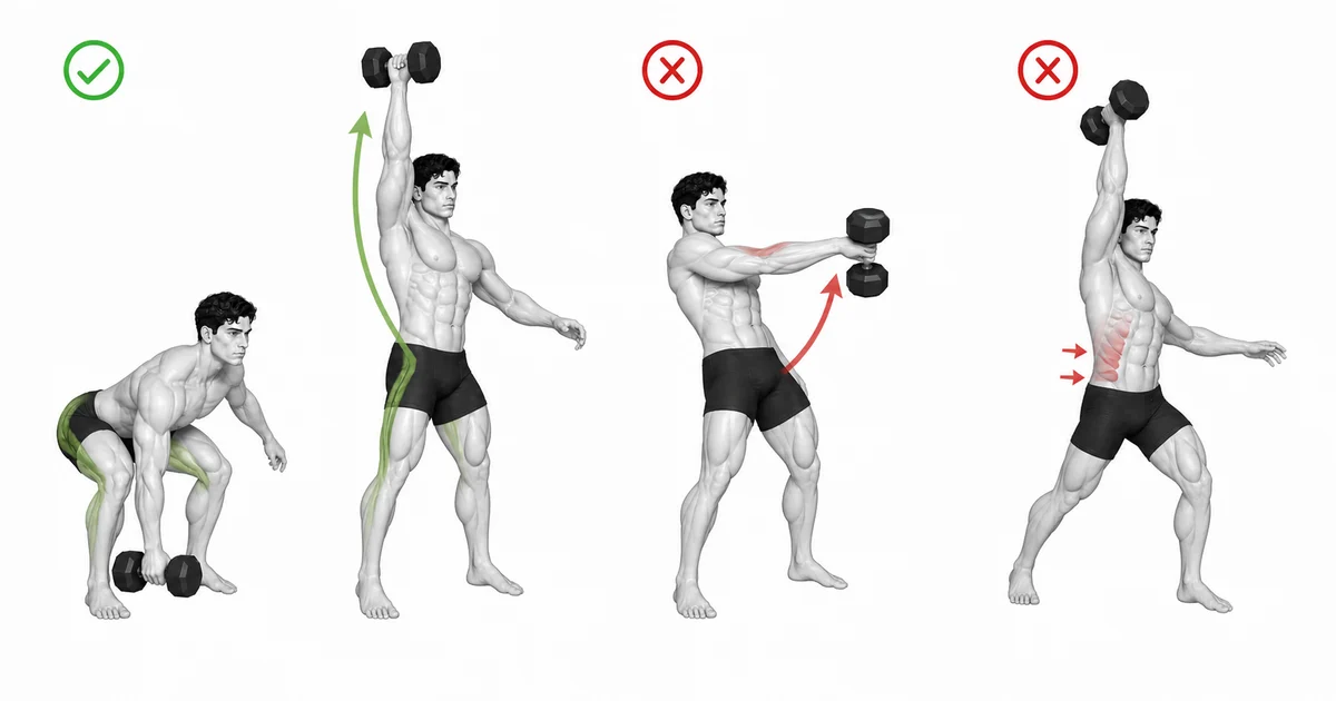Dumbbell Snatch — Magmaneho gamit ang mga binti at balakang, panatilihing malapit ang dumbbell, at sumuntok sa isang matatag na posisyon sa itaas.
