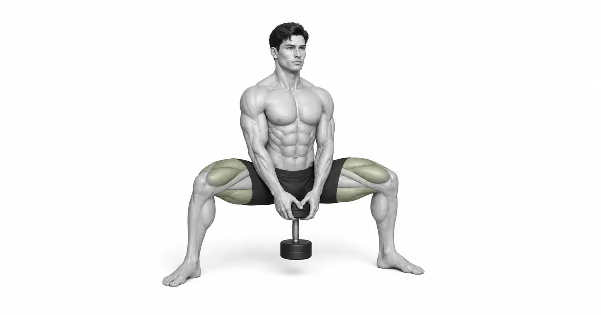 Dumbbell Sumo Squat — နလပိန်းတုံးများနှင့် ကြမ်းပြင်ကြားတွင် နေရာမလုံလောက်ပါက အဆစ်အကွာအဝေးကို မပြောင်းလဲပါနှင့်