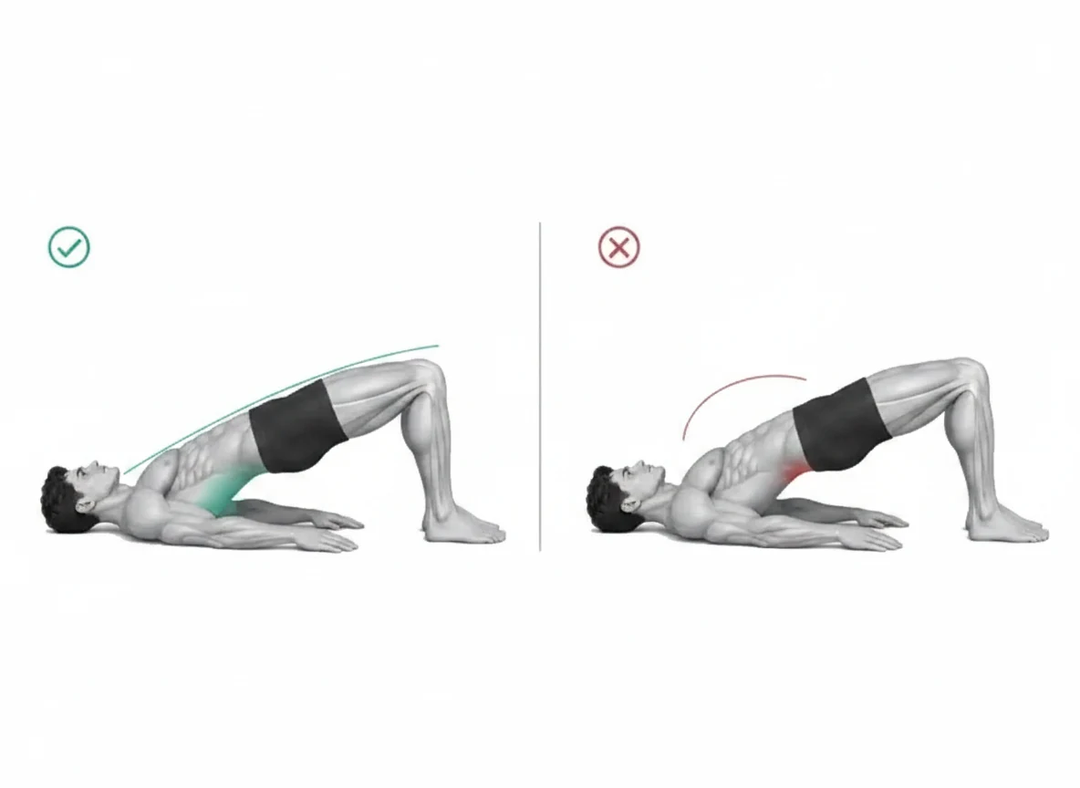 Confronto tra un ponte per glutei che mantiene le spalle, il bacino e le ginocchia in diagonale senza piegare eccessivamente la parte bassa della schiena e una postura scorretta che crea altezza iperestendendo la parte bassa della schiena.