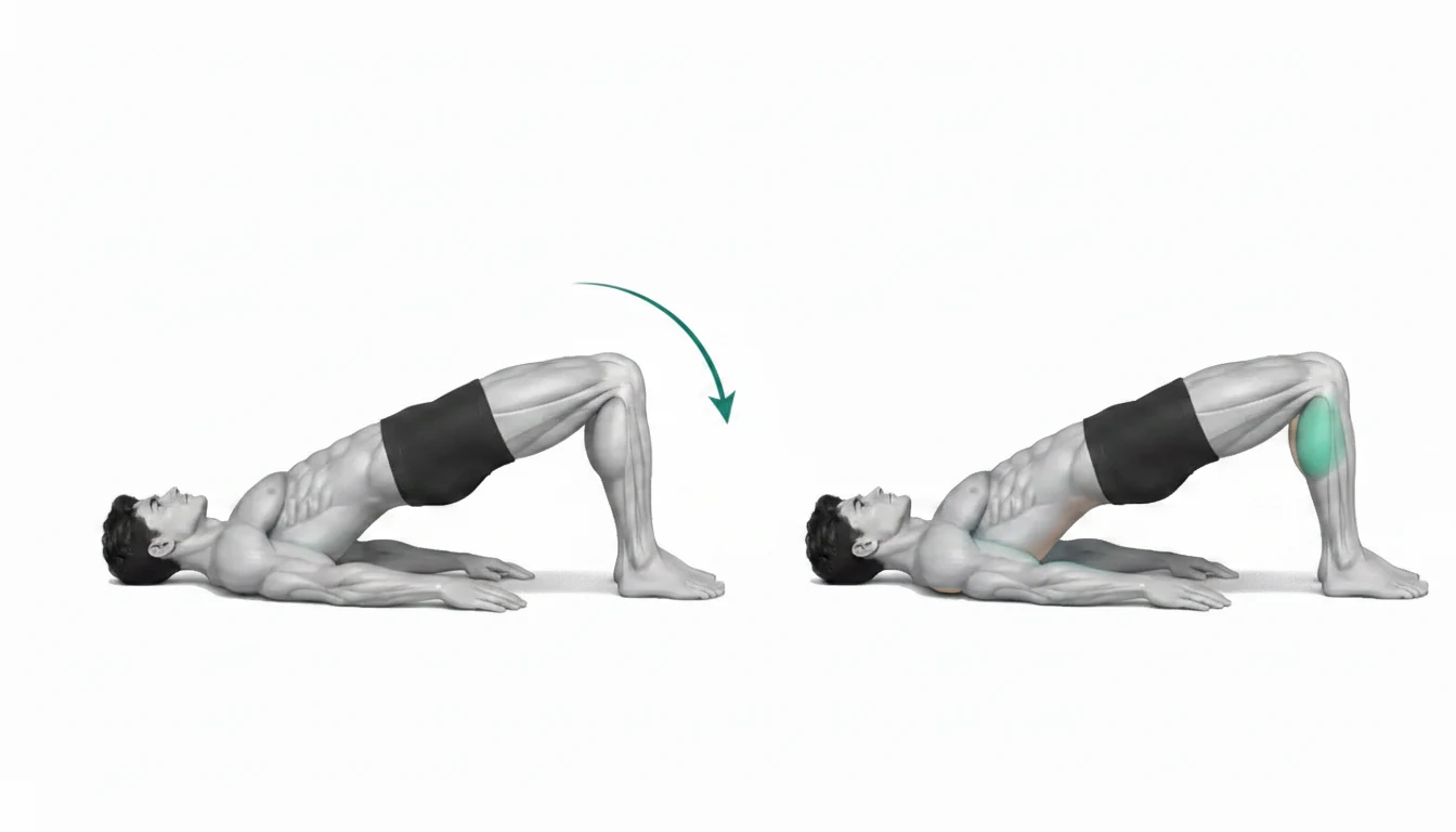 Immagine della guida tecnica che mostra la posizione iniziale bassa del ponte dei glutei, la posizione superiore con i fianchi estesi e l'impegno dei glutei.