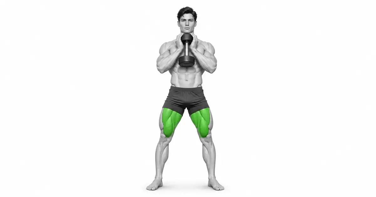 posizione iniziale del goblet squat con manubri posizionati verticalmente davanti al petto e piedi alla larghezza delle spalle.