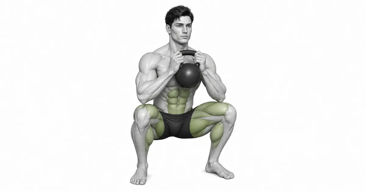 Kettlebell Goblet Squat — တည်ငြိမ်သောဒူးနှင့် တင်ပါးဆုံတွင်းလှုပ်ရှားမှုကို သေချာစေရန် ခြေဖဝါးသုံးမှတ်ကို နှိပ်ပါ။