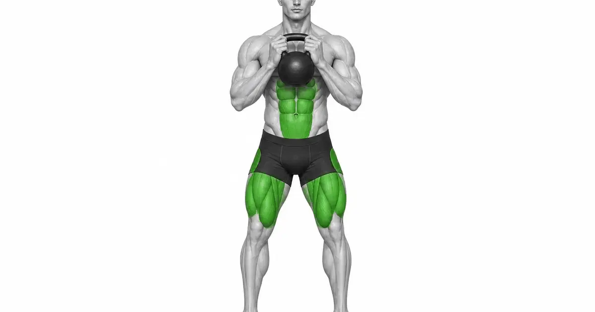 Goblet squat စတင်သည့် အနေအထားတွင် ရင်ဘတ်ရှေ့တွင် kettlebell ကို ဒေါင်လိုက် ကိုင်ထားပါ။