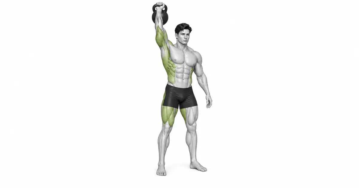 Kettlebell Snatch — Sa halip na i-cross ang kampana sa likod ng iyong kamay, iunat ang iyong kamay pataas sa hawakan.