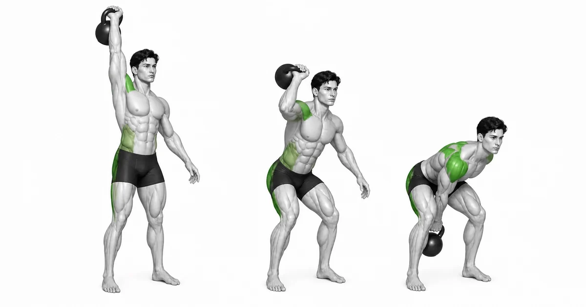 Kettlebell Snatch — Kahit na bumababa, ang kampanilya ay dapat na nakadikit sa katawan at nakahawak sa bisagra.