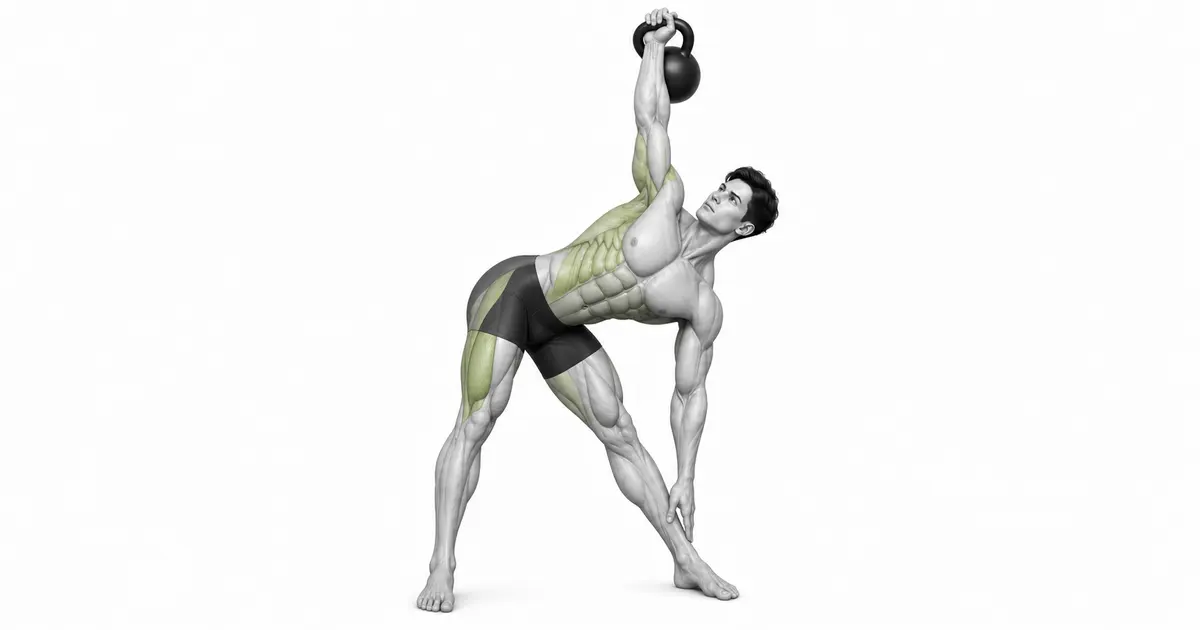 Mulino a vento con kettlebell — invece di chinarti, allontana il bacino dal braccio per creare spazio.