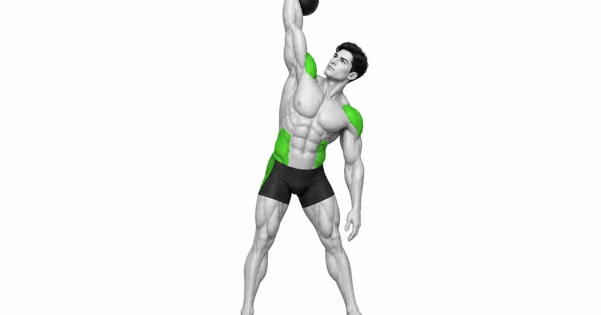 Windmill con kettlebell con un braccio che tiene il kettlebell sopra la testa e l'altra mano abbassata sulla gamba.