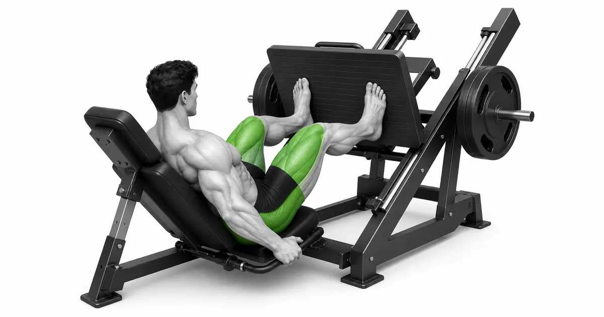 45 degree leg press panimulang posisyon na may likod at pelvis sa pad at parehong paa sa footrest.