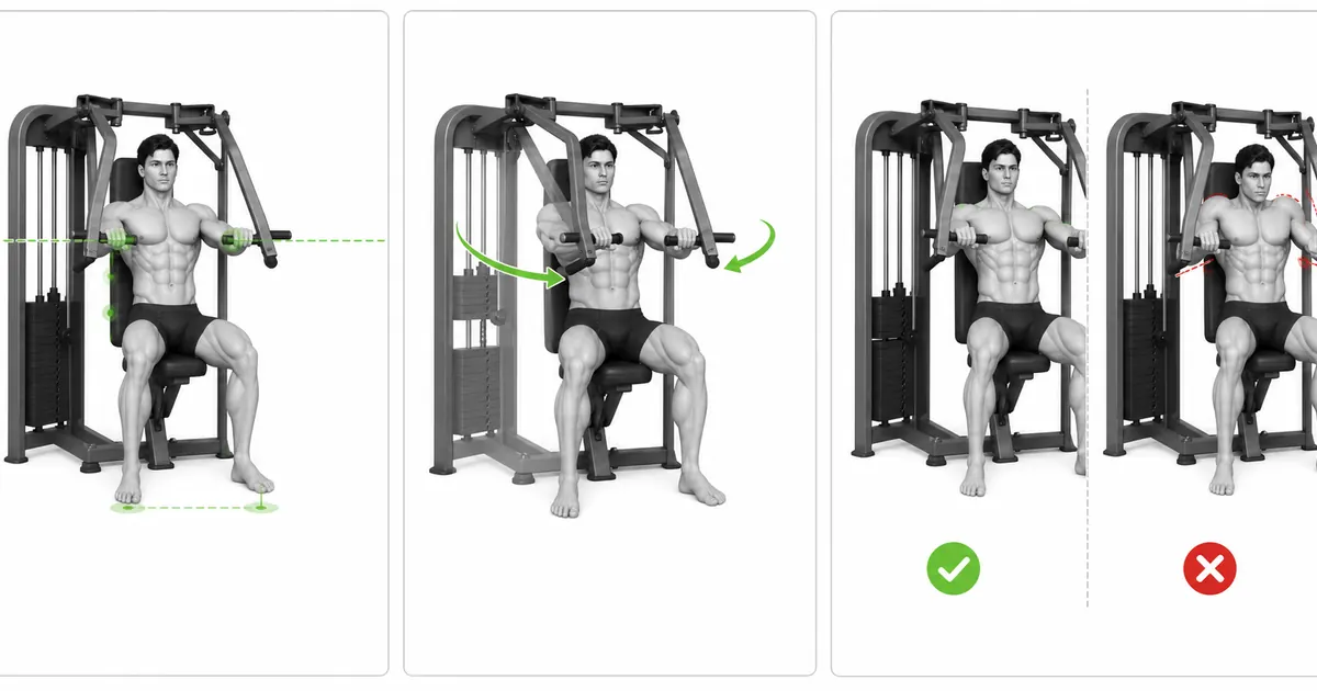 Setup ng machine chest press na may taas ng handle, backrest, at posisyon ng paa na minarkahan ng berdeng reference na mga linya