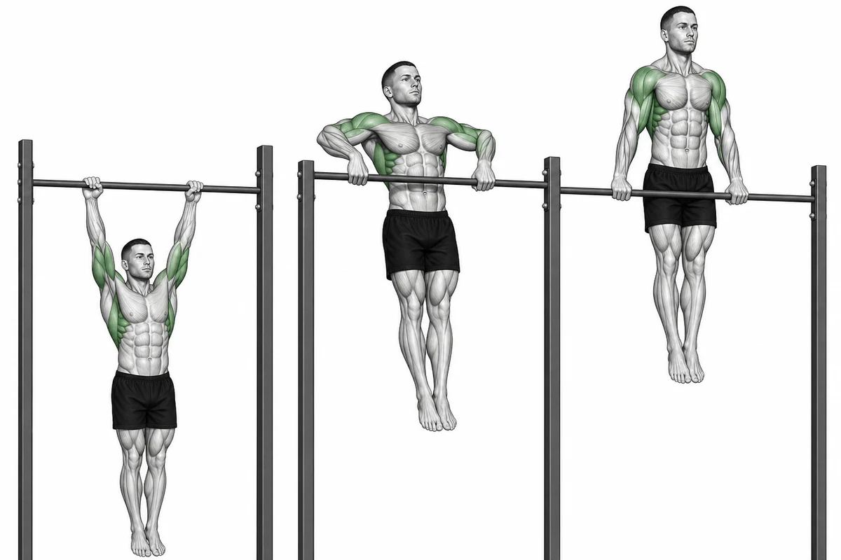 Muscle-Up — ຮັກສາ swing ໃຫ້ເປັນລະບຽບ, ດຶງຫນ້າເອິກຂ້າງເທິງແຖບ, ແລະຮັກສາການຫັນປ່ຽນຢູ່ໃກ້ກັບມື.