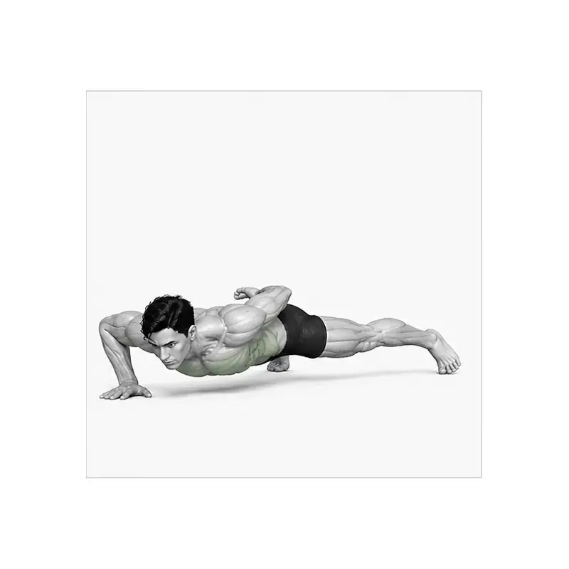 Isang braso na push-up na posisyon sa ibaba na ang dibdib ay nakababa patungo sa sumusuportang kamay at ang siko ay nakayuko nang pahilis pabalik.
