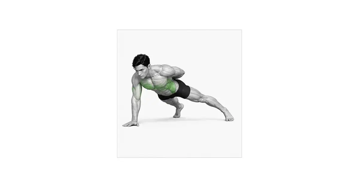 Isang braso na push-up na panimulang posisyon na ang mga paa ay nakabukaka at ang isang kamay ay nasa ilalim ng balikat