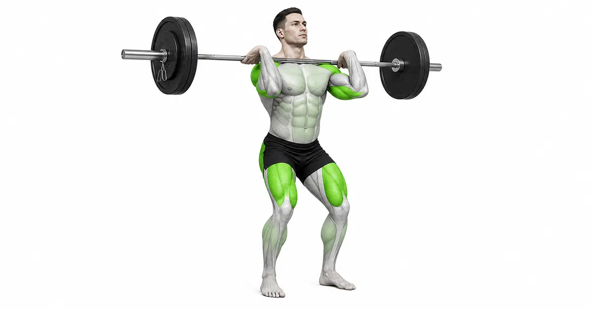 Malalim na postura na nakalagay ang barbell sa front rack sa harap ng mga balikat at tuhod na bahagyang nakabaluktot.