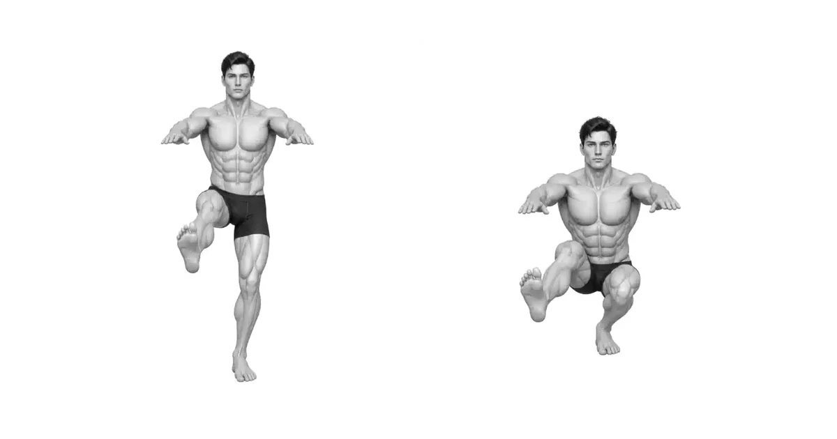 Pistol Squat — Hloubky je dosaženo pouze tehdy, když se kolena mohou pohybovat dopředu s patami u sebe.