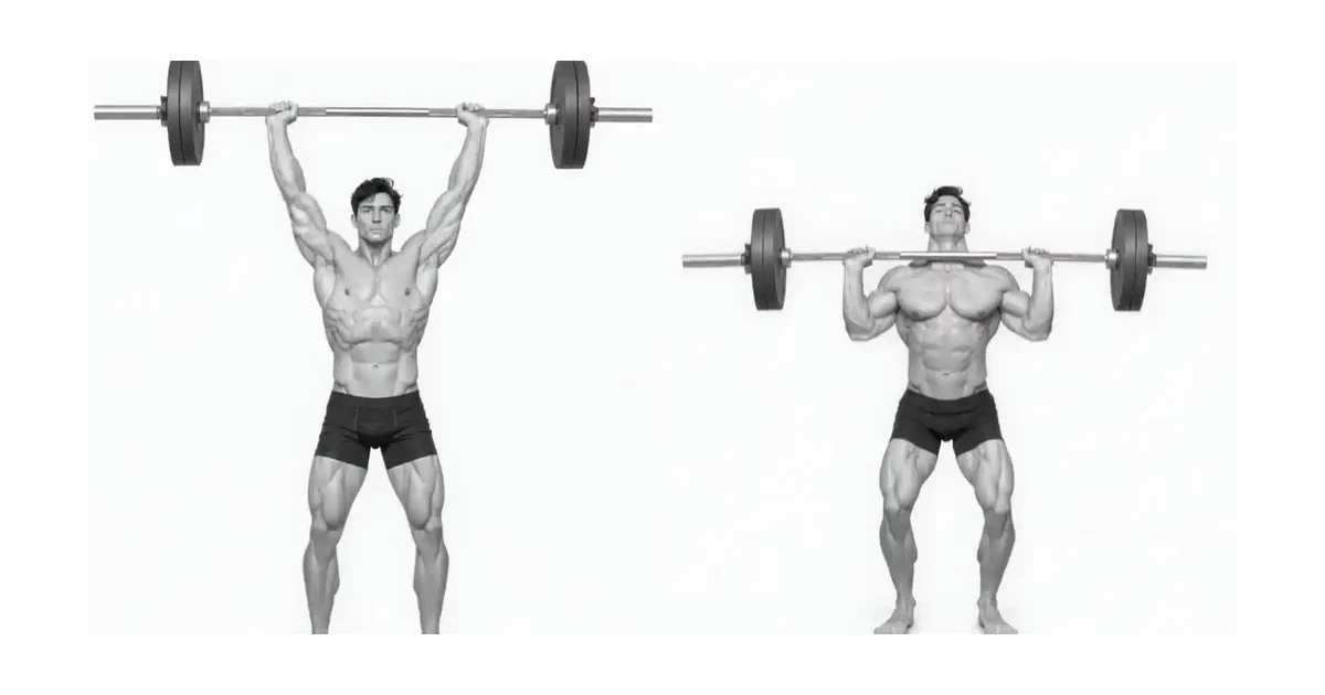 Push Press (Jerk) — Pinapalawak ng push press ang mga binti nang isang beses, ibinabalik ng jerk ang mga ito sa ilalim ng bar
