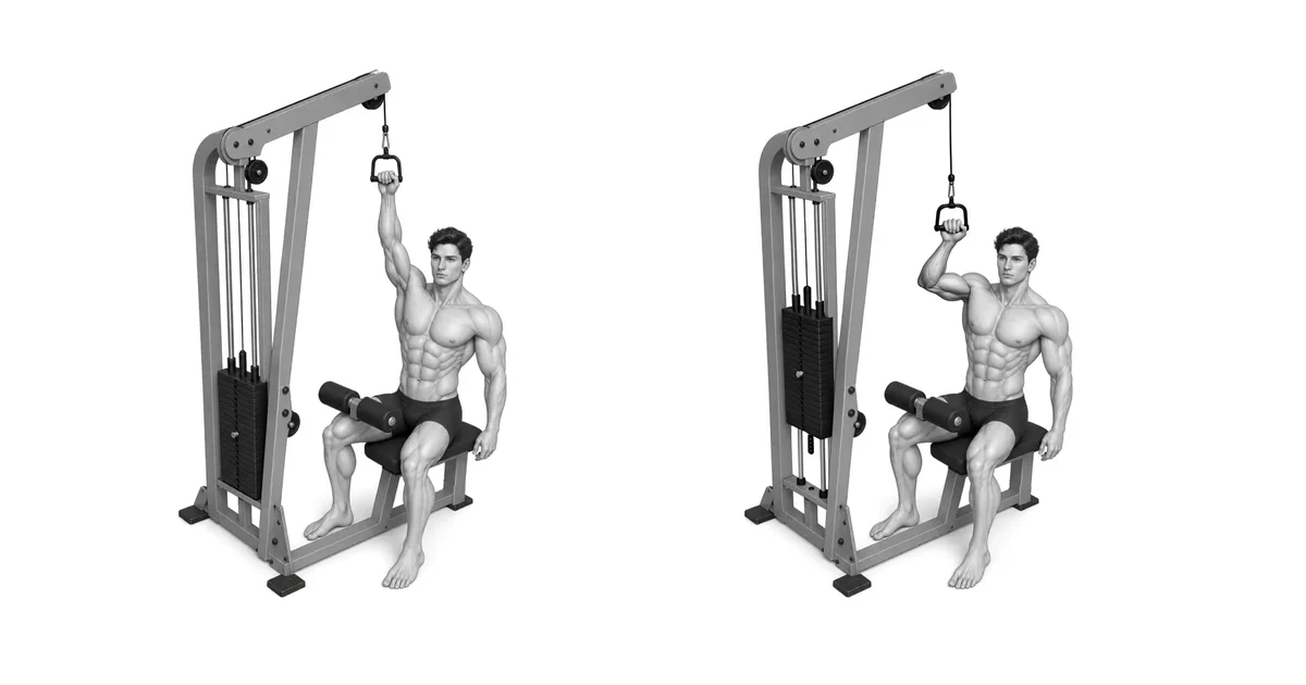 Larawan ng pagtuturo na nagpapakita ng mataas na cable, D handle, at stable na posisyon ng trunk para sa single-arm lat pulldown