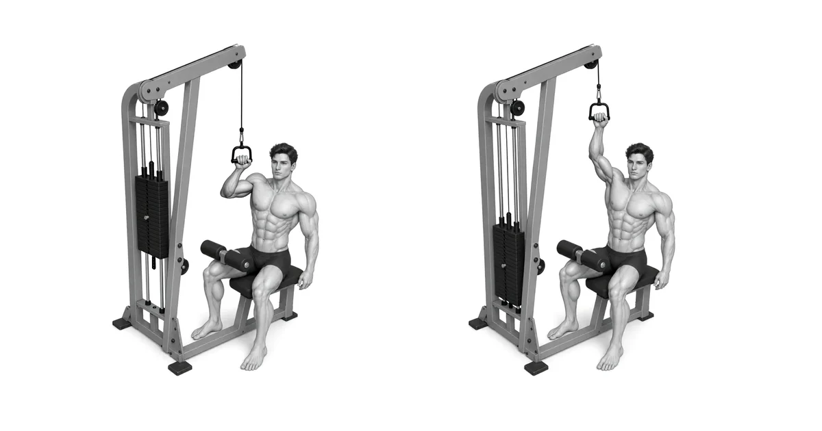 Larawan ng pagtuturo na nagpapakita ng landas ng siko patungo sa mga tadyang habang nag-iisang braso na lat pulldown