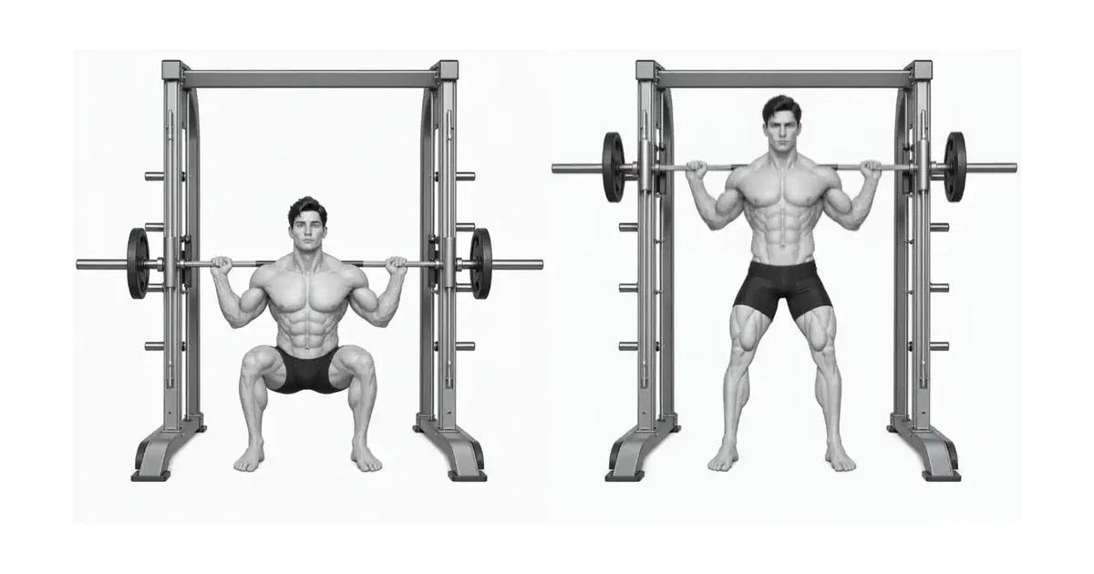 Smith Machine Squat — Bezpečný a spolehlivý návrat do stojanu je vyžadován i na strojích Smith