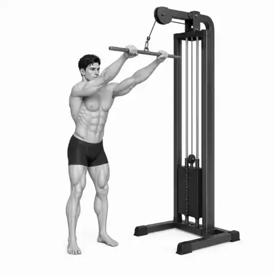 Paghahambing ng overhead start at thigh finish para sa isang straight arm pulldown na may parehong anggulo ng siko.