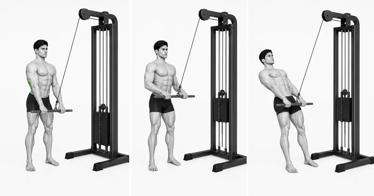 Tamang pagkumpleto ng isang tuwid na braso pulldown kumpara sa elbow flexion at labis na torso extension.