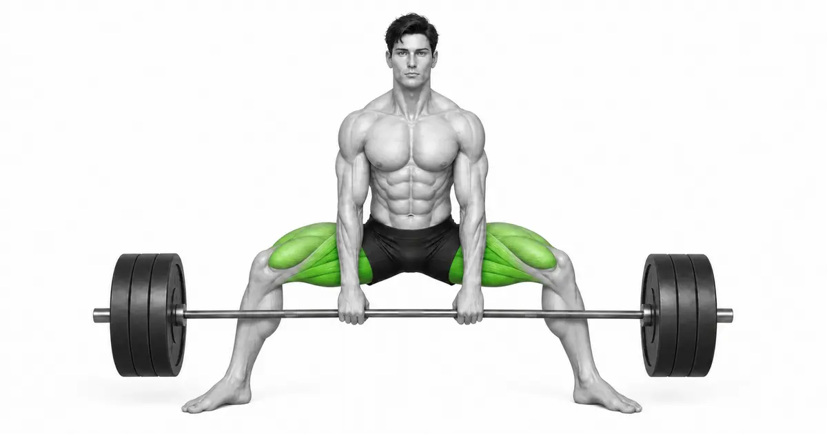 Sumo deadlift စတင်သည့် အနေအထားတွင် ခြေအနှံအကွာနှင့် ဒူးခေါင်းအတွင်း ဘားဘဲလ်ကို ကိုင်ထားသည်။