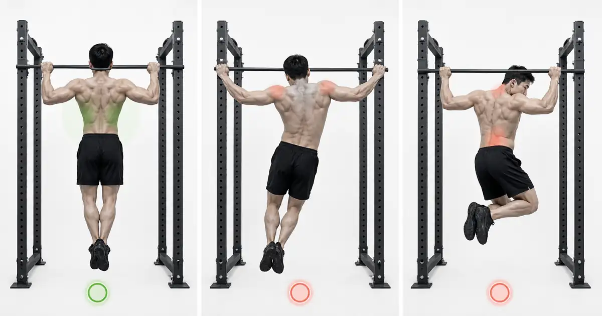 Confronto tra l'estremità superiore controllata di un ampio pull-up dietro il collo e una presa eccessiva e una compensazione collo/busto.