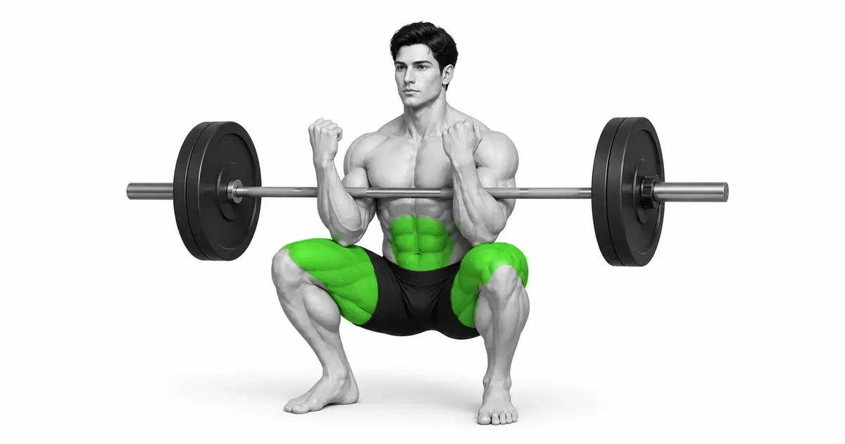 Deep squat position na may barbell na sinusuportahan sa loob ng mga siko