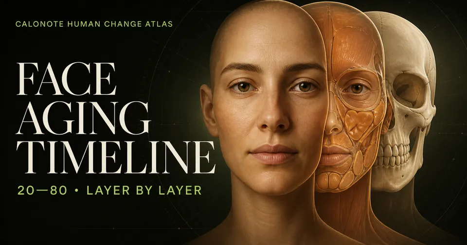 A scientific facial aging illustration showing skin, soft tissue and bone layers