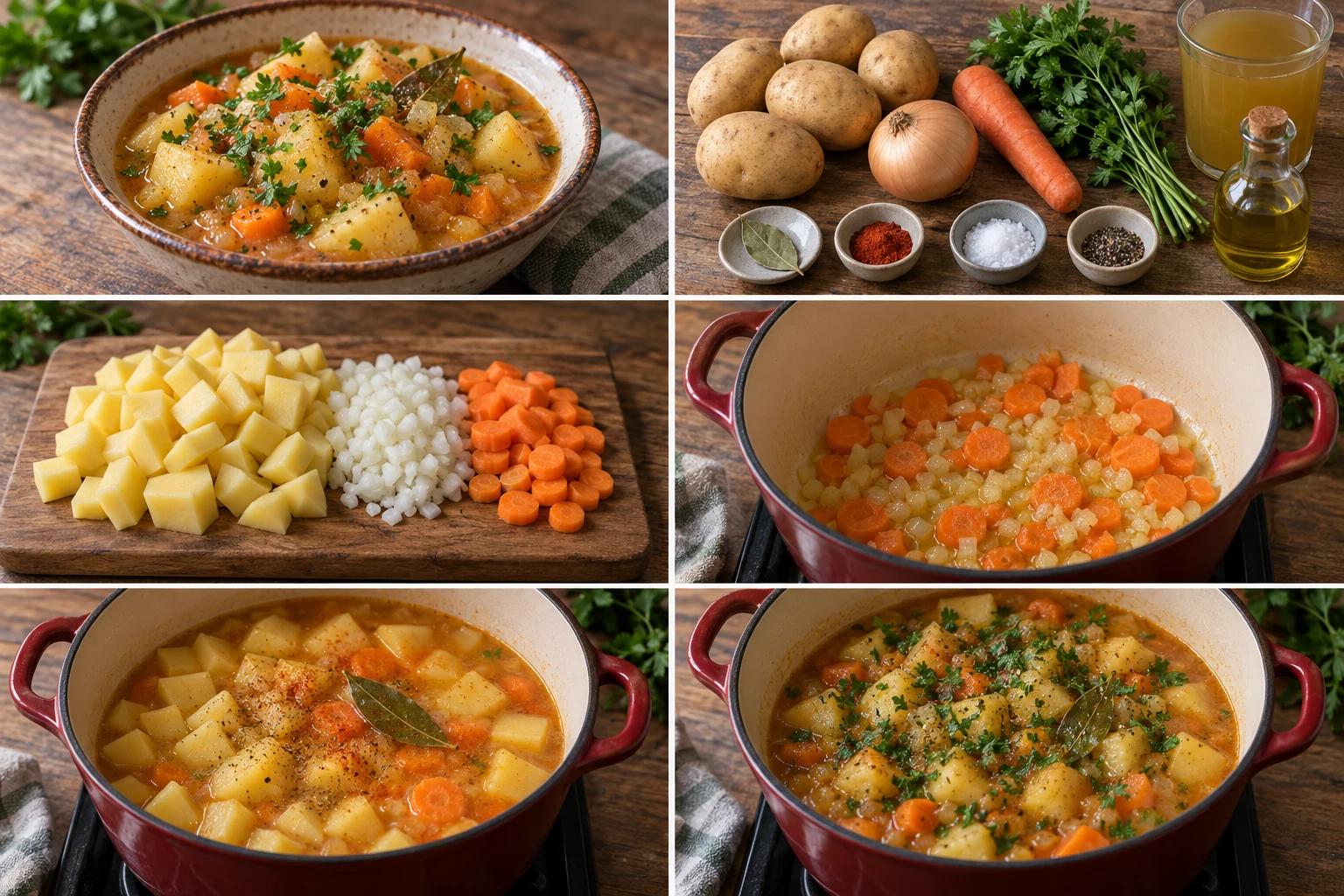 Порция задушени картофи в рустикална купа, гарнирана със свеж магданоз
