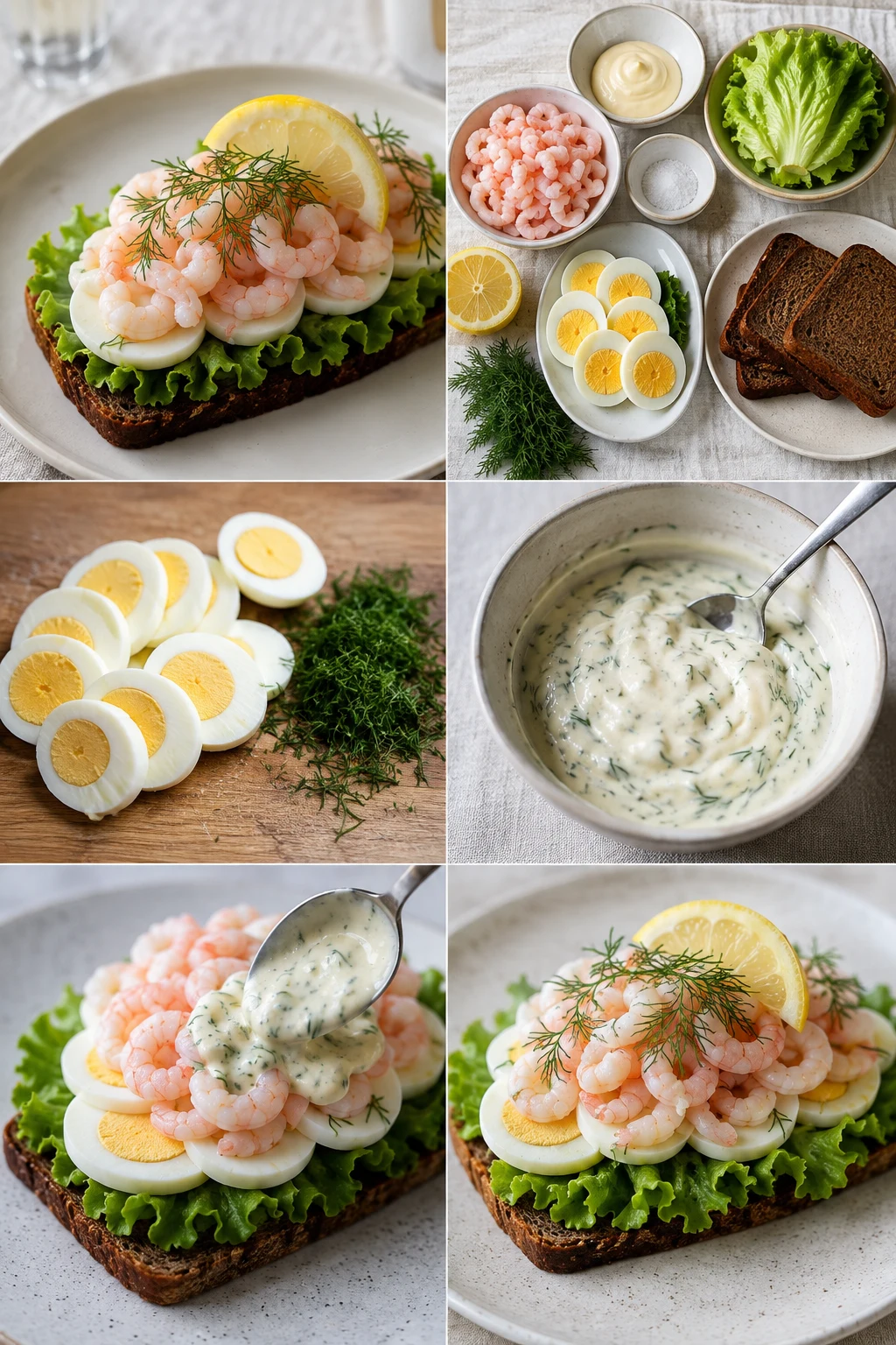 Lettere dansk Smørrebrød med æg og rejer serveret i en afmålt portion