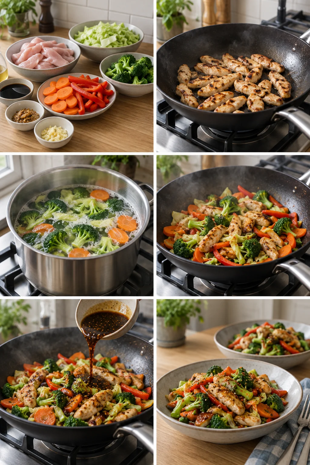 Kylling med broccoli gulerod peberfrugt og kål i tynd glaze