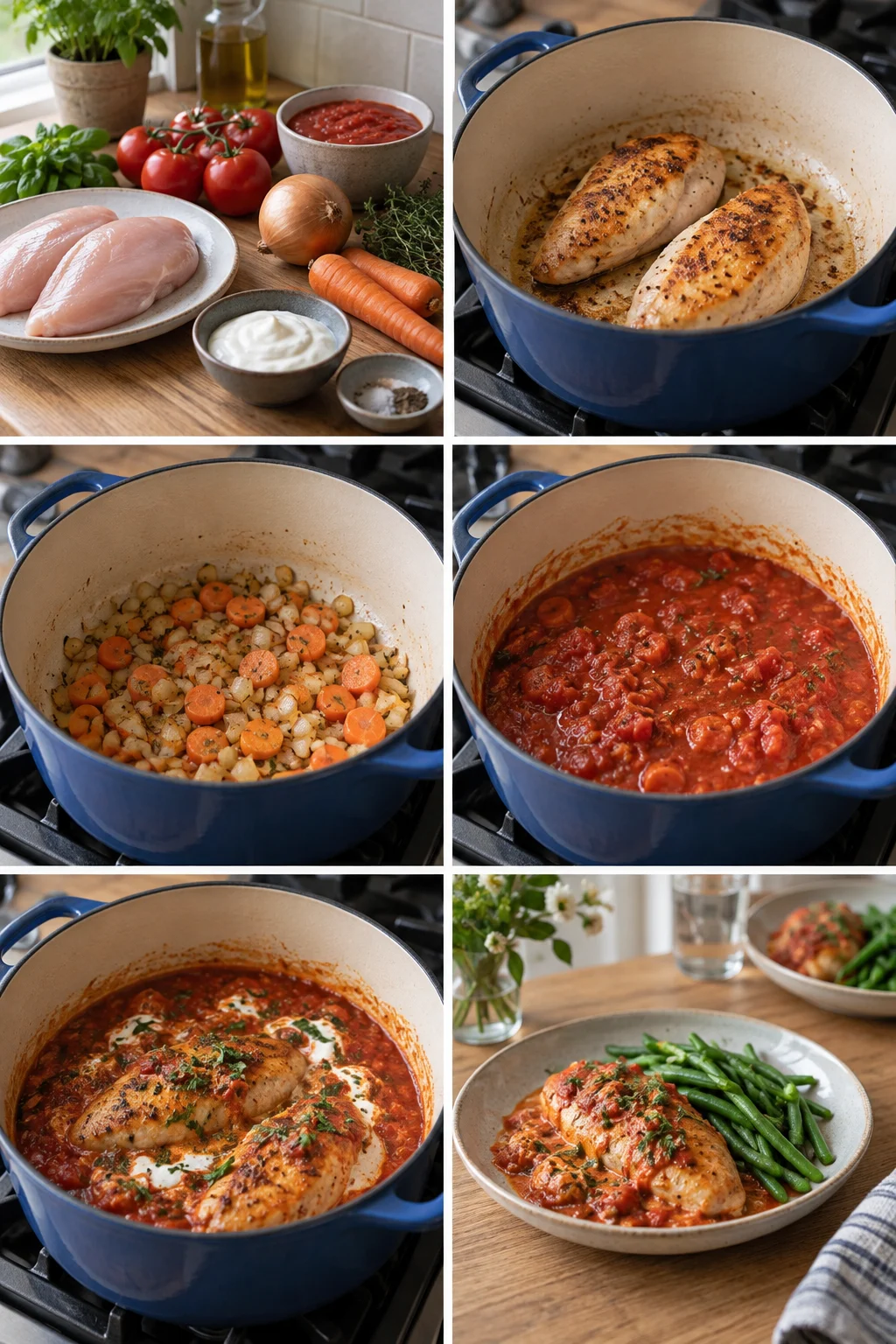 Kyllingebryst i koncentreret tomatsauce med gulerod løg og urter