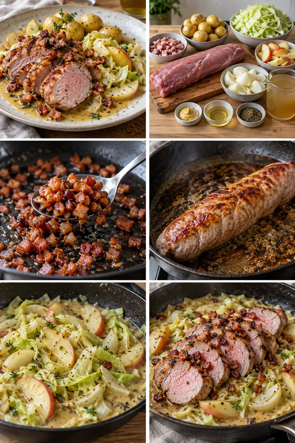 Svinemørbrad med bacon serveret som en lettere dansk hverdagsret med tydelig tekstur og grøntsager