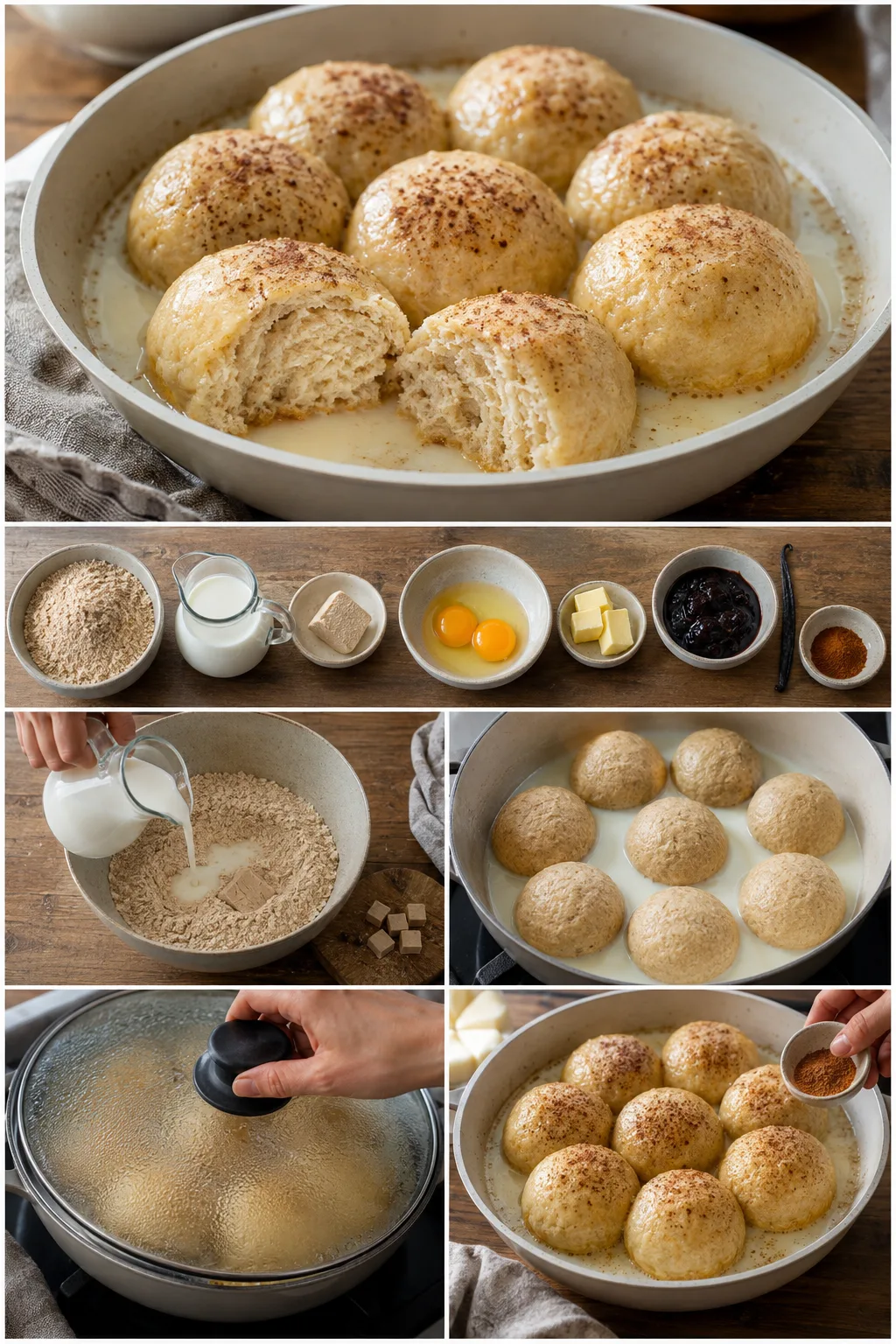 Fertig angerichtete leichtere Portion Dampfnudeln nach deutsches Art