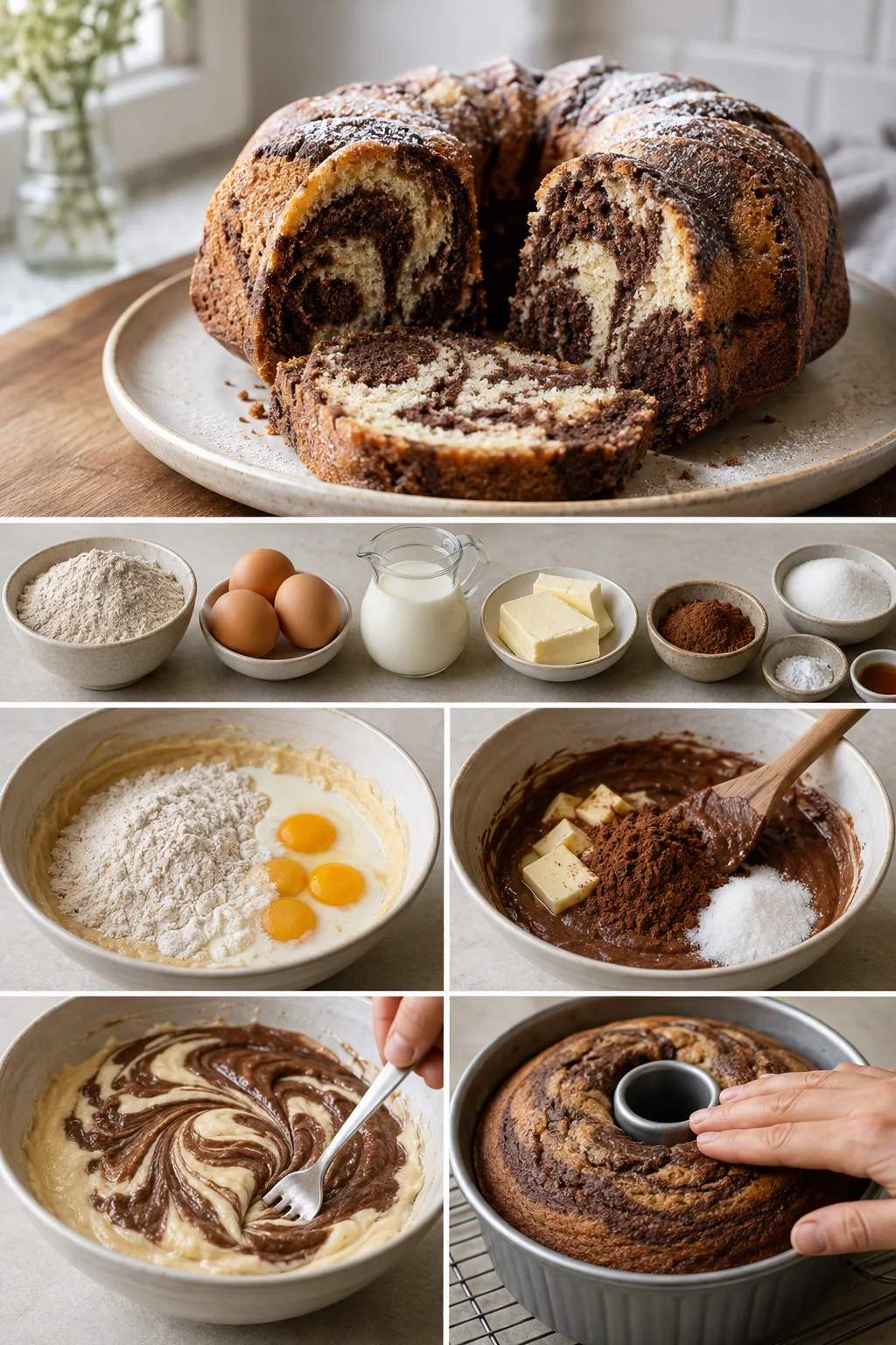 Fertig angerichtete leichtere Portion Marmorkuchen nach deutsches Art