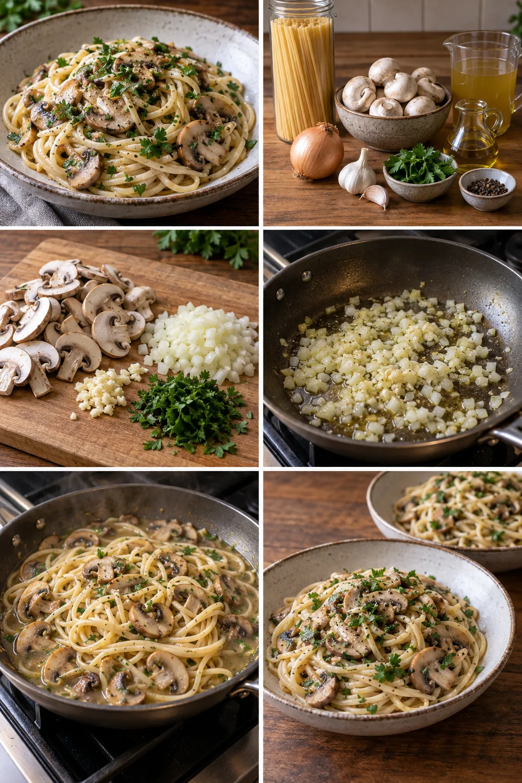 Ein fertiger, leichterer Teller Pasta mit Pilzen für zwei Personen