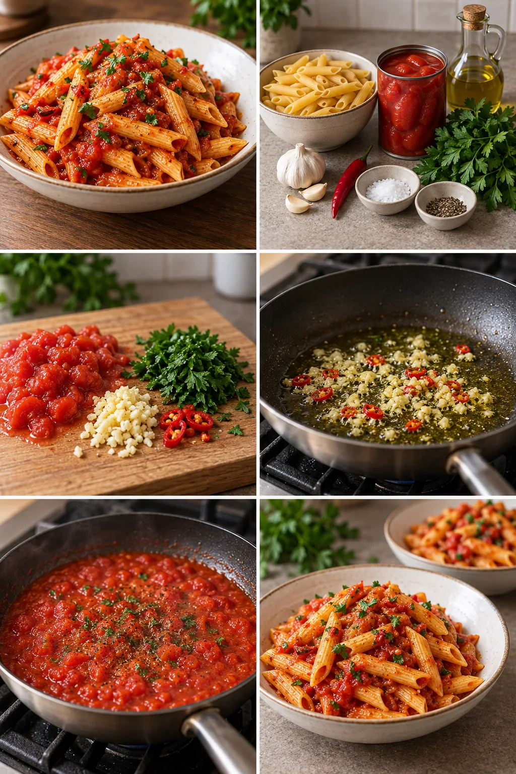 Ein fertiger, leichterer Teller Penne Arrabbiata für zwei Personen