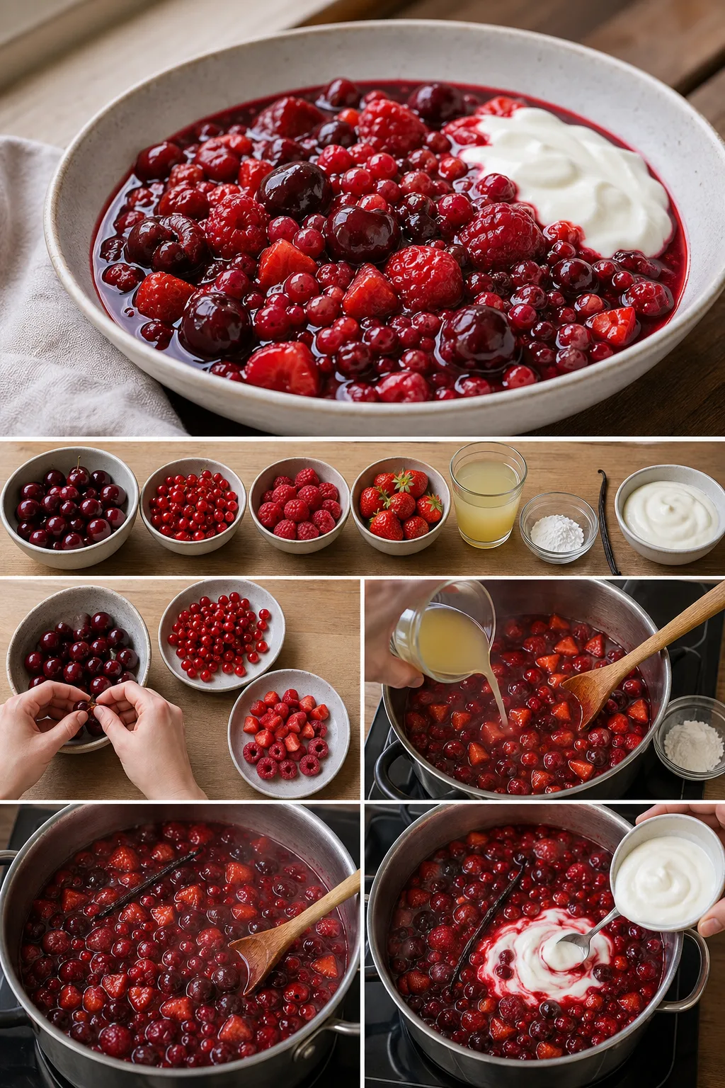 Fertig angerichtete leichtere Portion Rote Grütze nach deutsches Art
