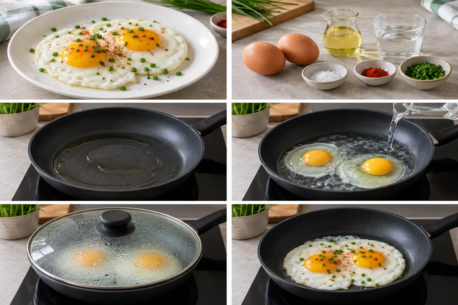 Zwei Spiegeleier mit flüssigem Dotter, auf einem Teller mit frischen Kräutern und Gewürzen, appetitlich angerichtet.