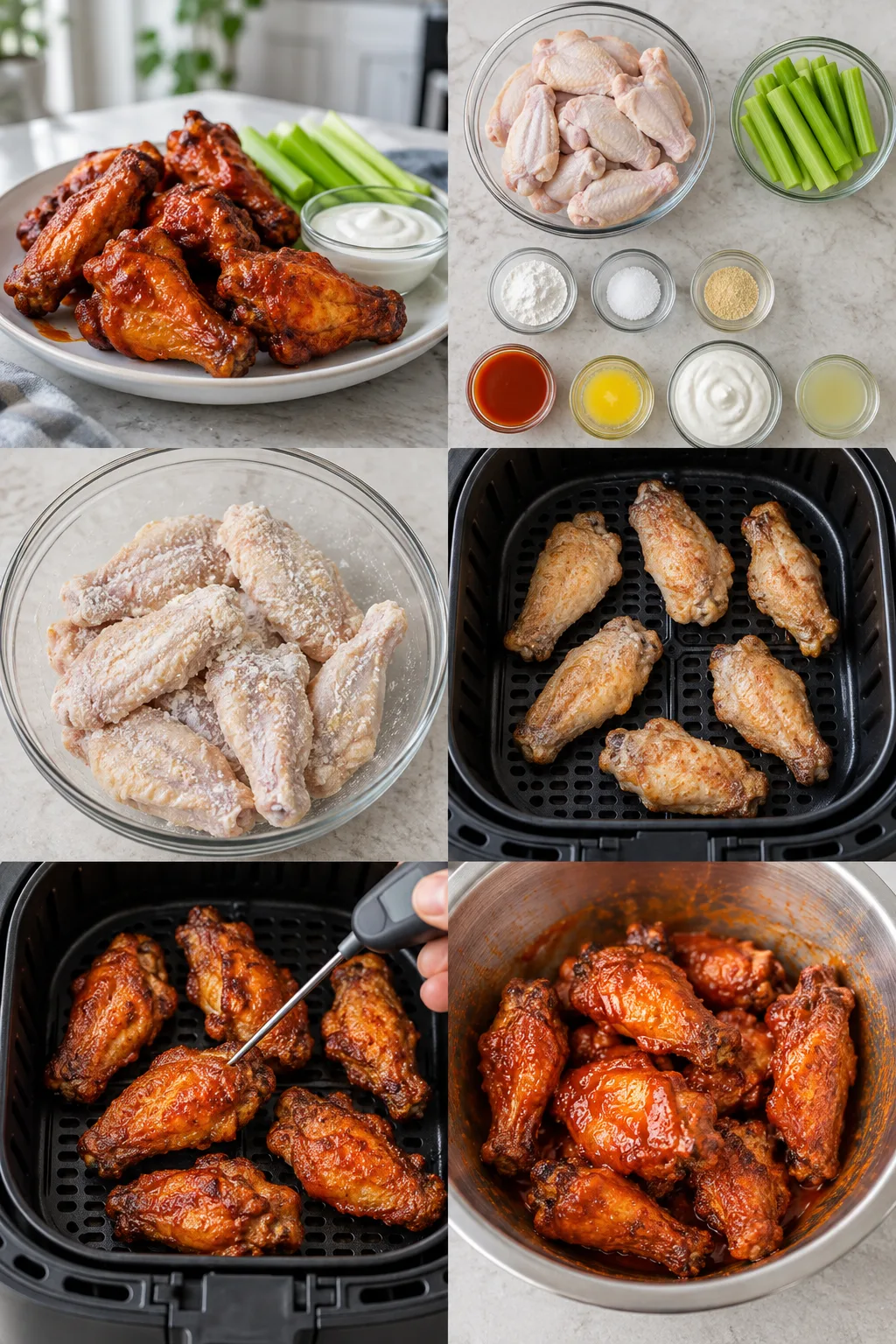 Crisp red-glazed air-fryer chicken wings with celery and yogurt dip