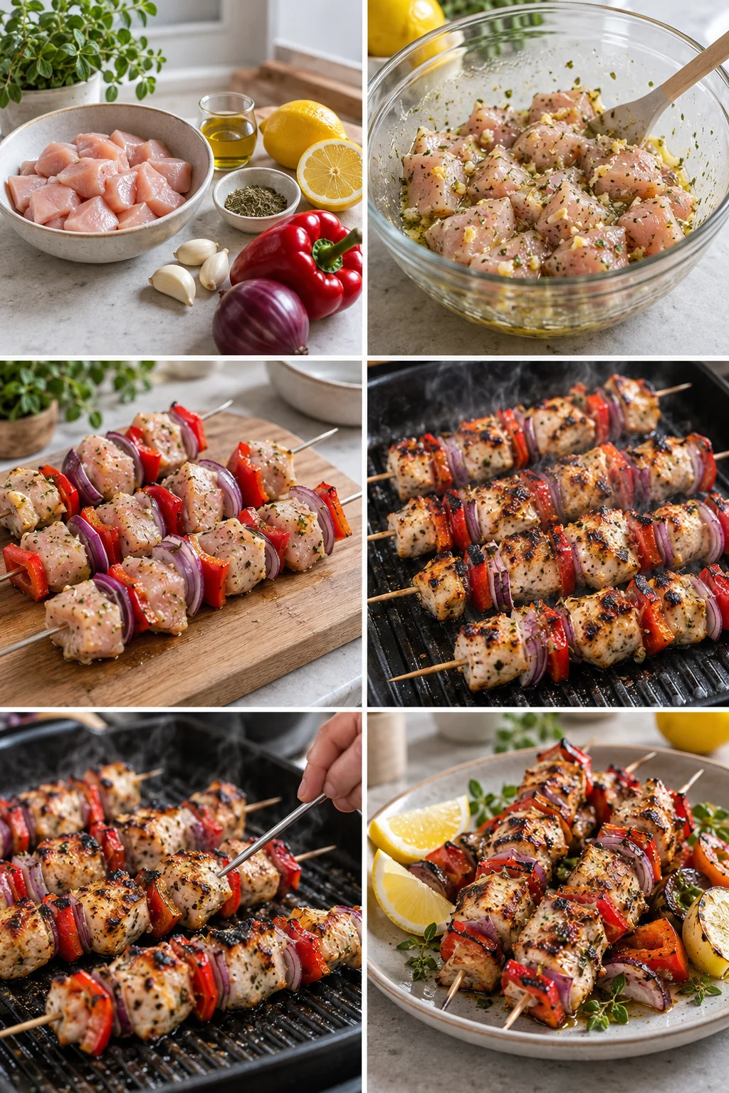 Charred chicken souvlaki skewers with red pepper onion and lemon