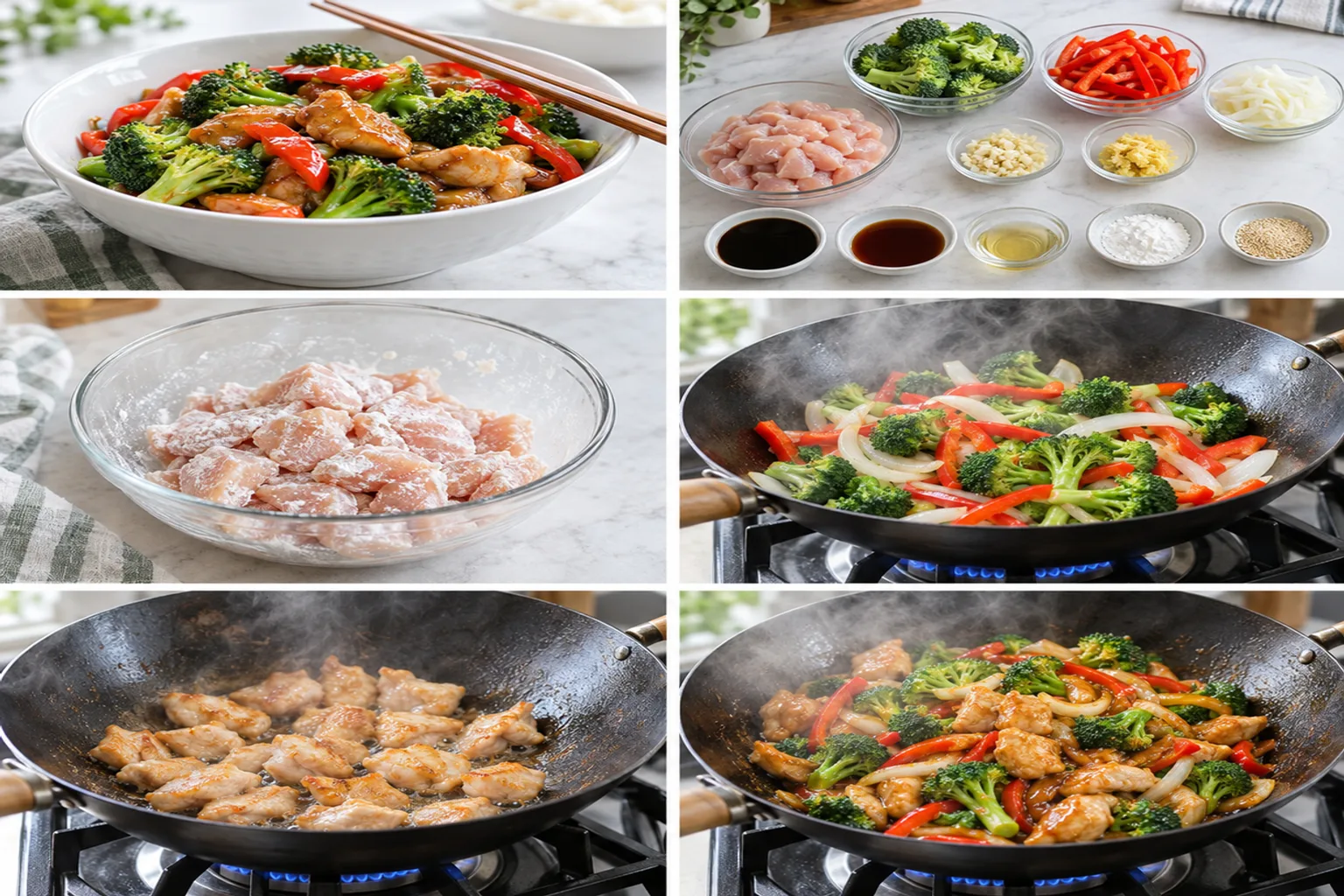 A vibrant Chicken Stir Fry with colorful vegetables and glazed chicken pieces, served in a ceramic bowl.